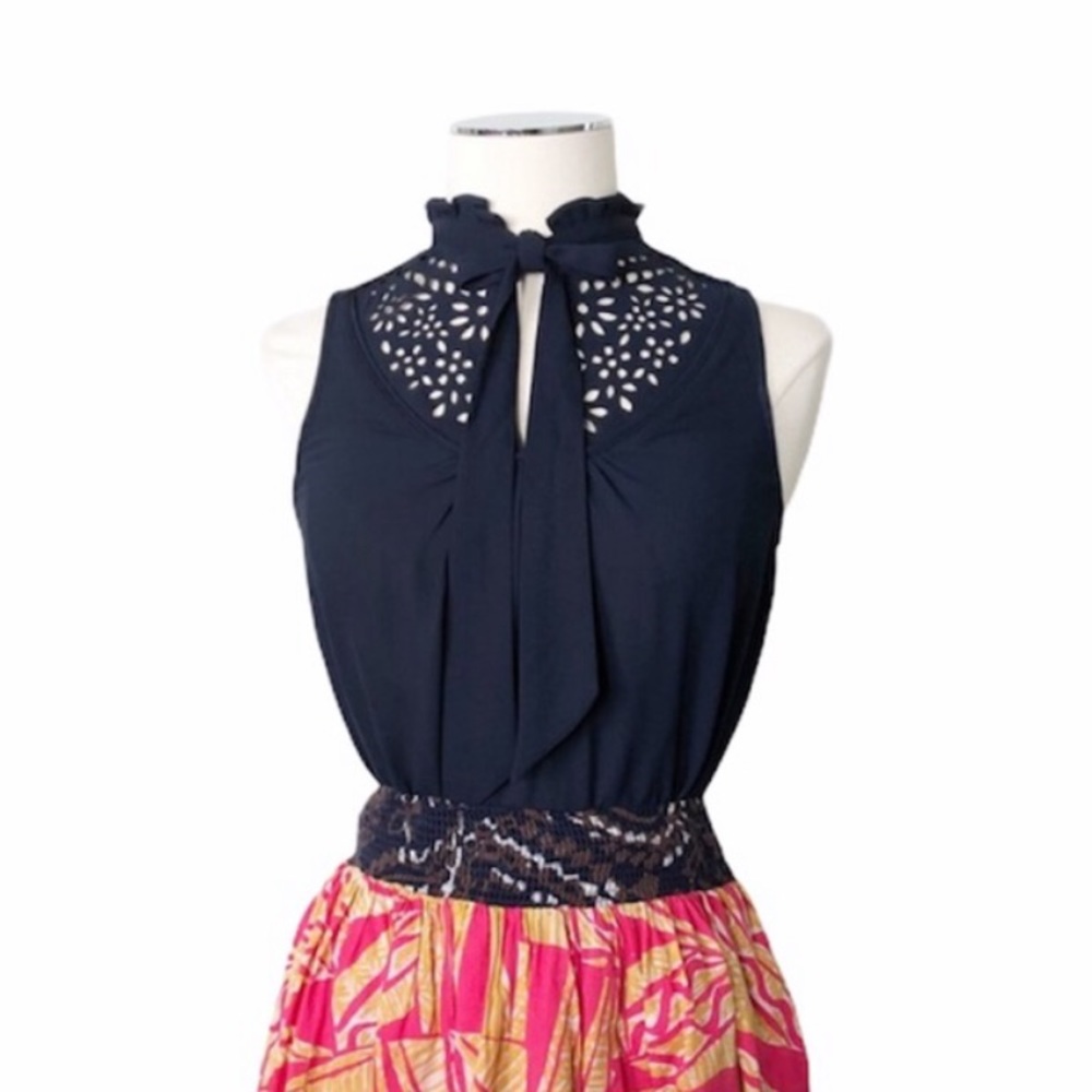 New ANTHROPOLOGIE MAEVE Blue Cut Out Tie Blouse Sleeveless Ruffle Collar Sz 2